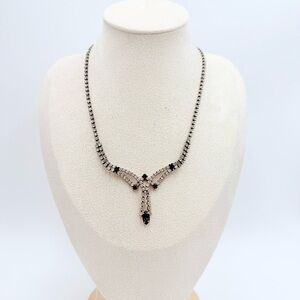 Vintage Silver Tone Clear and Green Rhinestones Necklace